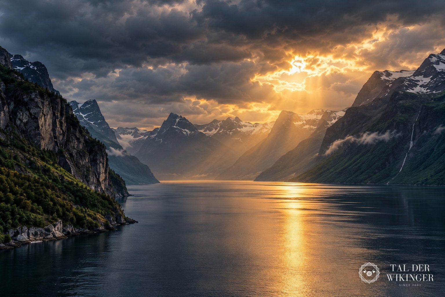 Dunkle Gewitterwolken reißen über einem norwegischen Fjord auf, ein Lichtstrahl fällt aufs Wasser