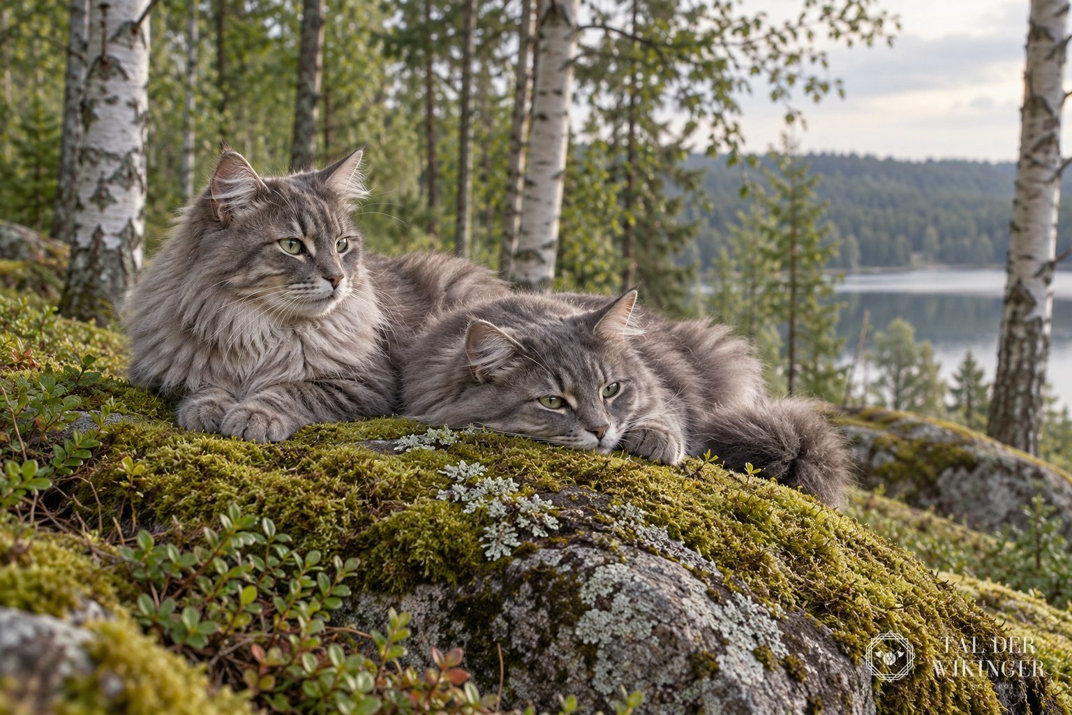 Zwei graue Katzen ruhen auf einem moosbewachsenen Stein in einem Birkenwald