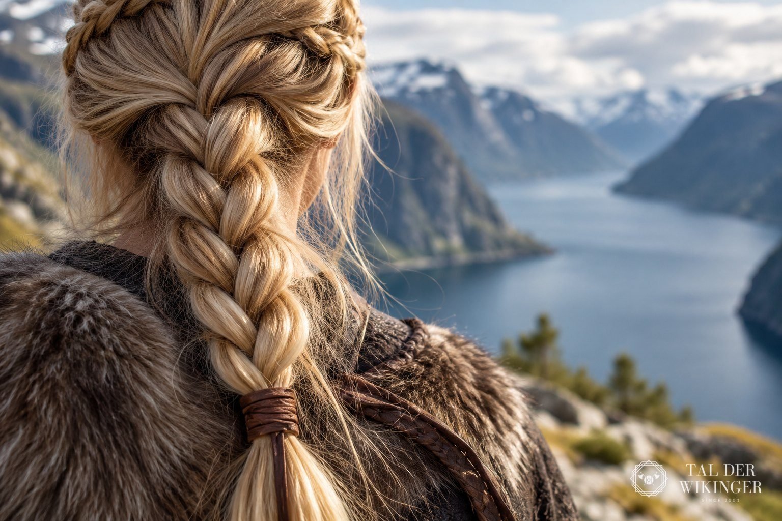 Geflochtener Zopf mit Lederband, von hinten fotografiert, vor unscharfer Fjordlandschaft