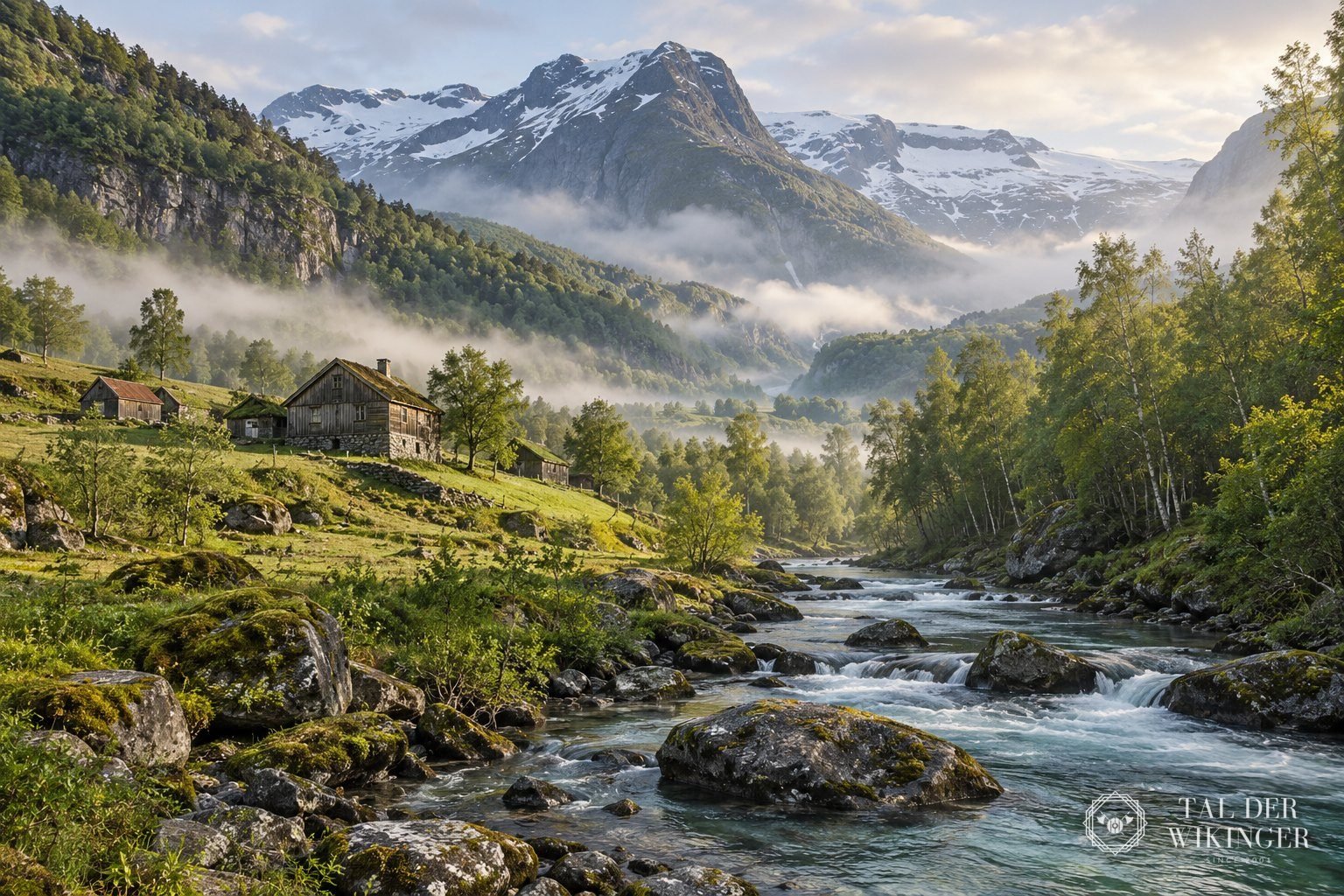Grünes norwegisches Flusstal mit altem Bauernhof und Birkenwald im Morgennebel