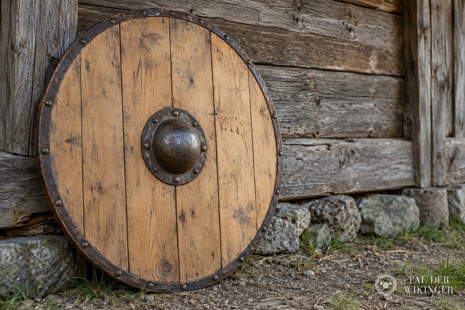 Rekonstruierter runder Holzschild mit Eisenbuckel an einer Holzwand im weichen Tageslicht