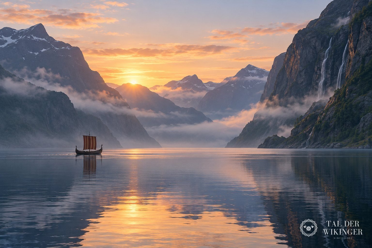 Rekonstruiertes Wikingerschiff mit Rahsegel auf ruhigem Fjord bei Morgendämmerung