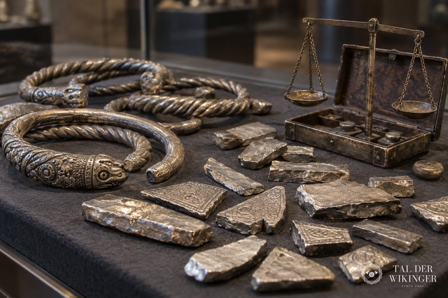 Silberschatz mit Armringen, Hacksilber und kleiner Klappwaage in einer Museumsvitrine