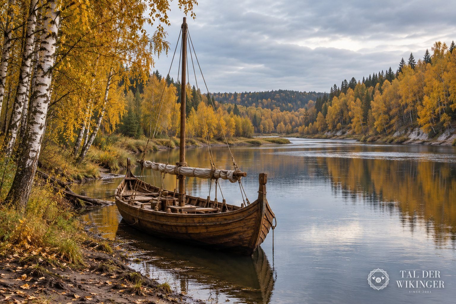 Breiter Fluss zwischen Birkenwäldern im Herbst mit einem nachgebauten Holzboot am Ufer