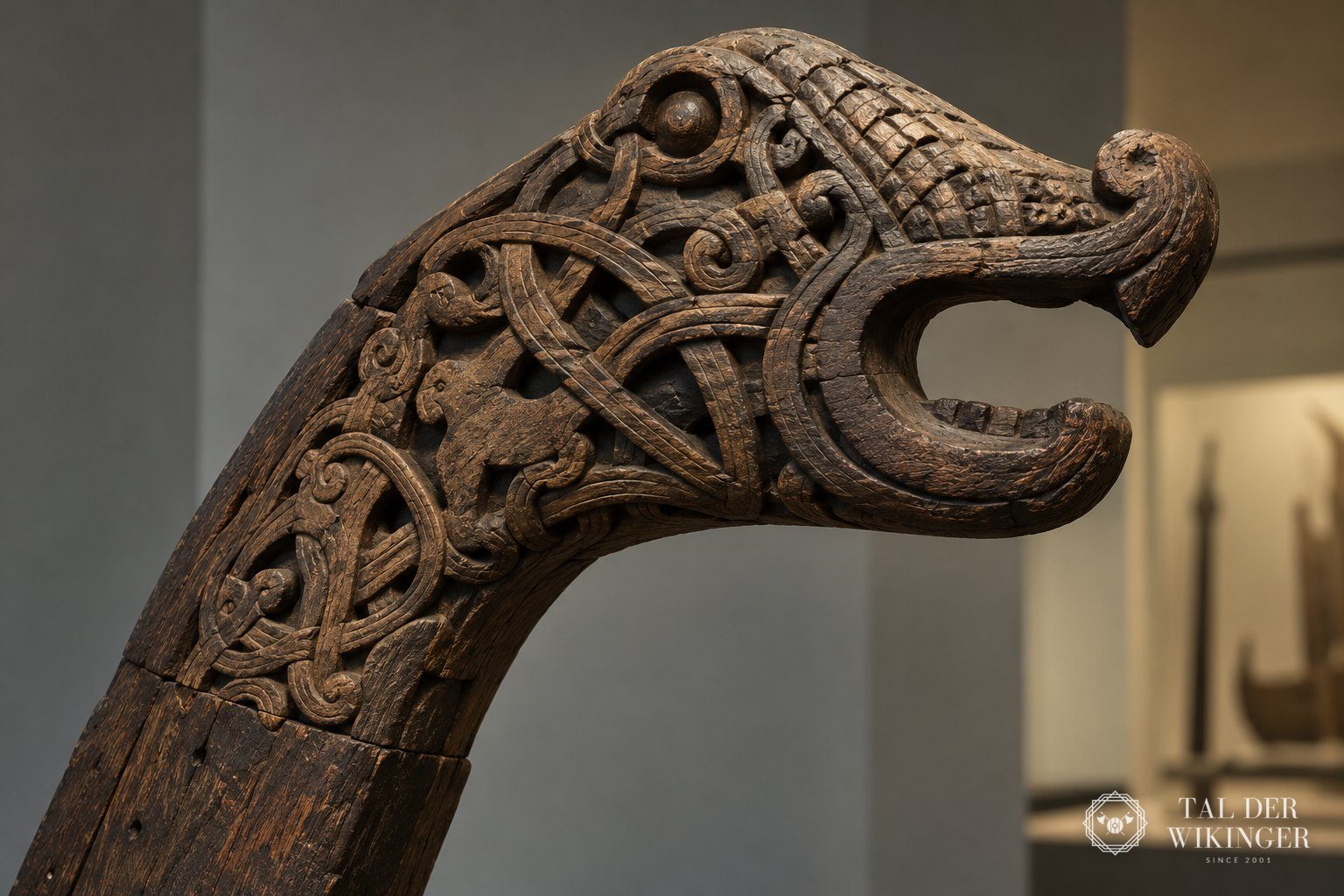 Geschnitzter Tierkopf aus dunklem Holz mit verschlungenem Ornament in einem Museum