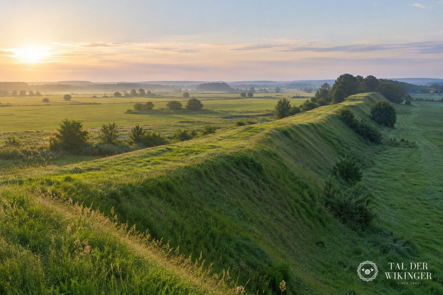 Langer grasbewachsener Erdwall in flacher grüner Landschaft im weichen Morgenlicht