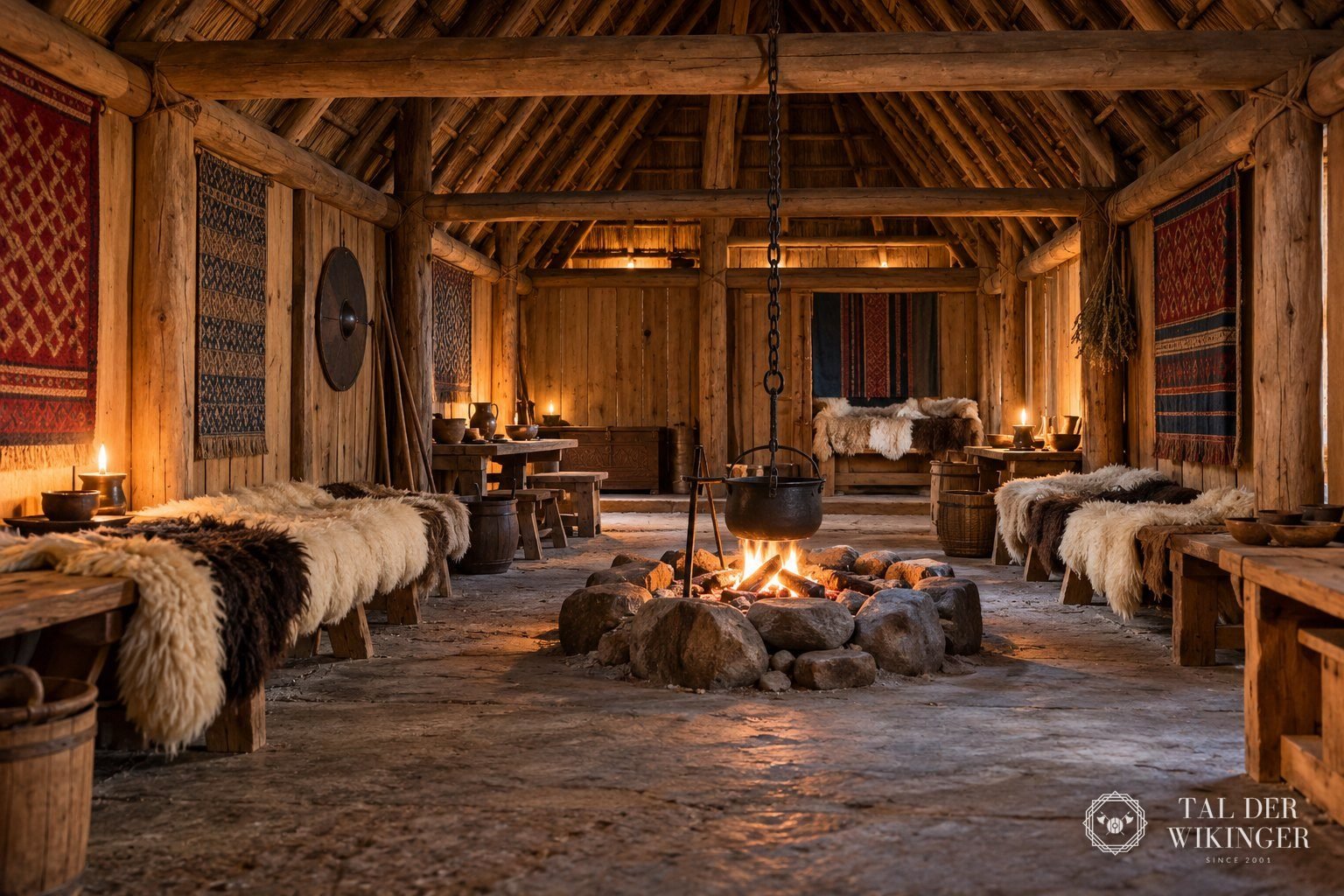 Innenraum eines nachgebauten Wikingerlanghauses mit offener Feuerstelle, Holzbänken und Wollstoffen