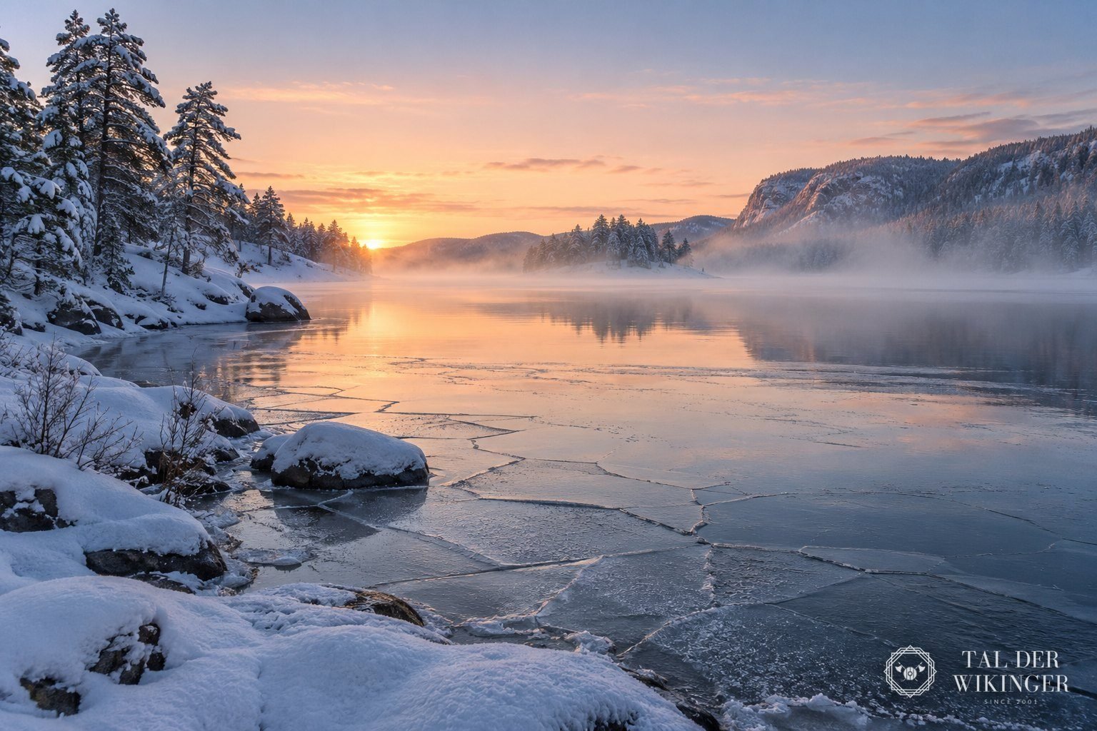 Zugefrorener See im nordischen Winter bei Morgendämmerung mit schneebedeckten Kiefern am Ufer